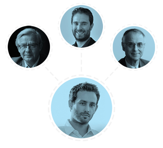 Four headshots of Abcentra leadership arrange into a fan with grey connecting lines. CEO Chirs Farina at the center.